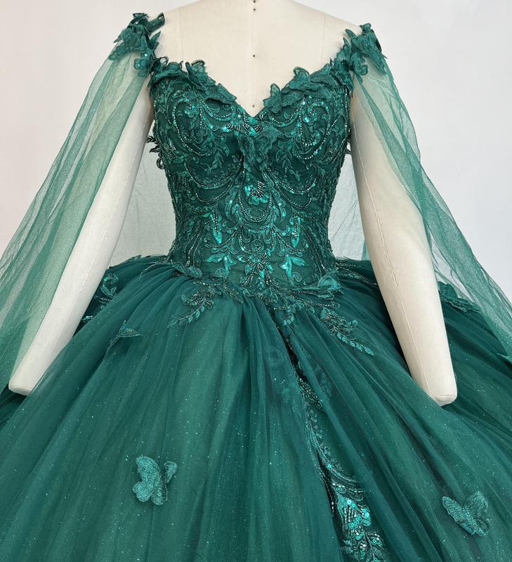 NO.41 Flowers and Metallic Lace Sparkle Tulle Quinceañera Dress With a cape bodycon party plain mature blue dress quince sequin dress Formal Womenswear party maxi Wedding Ceremony