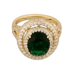 Emerald Halo Statement Ring - 14K Gold-Plated