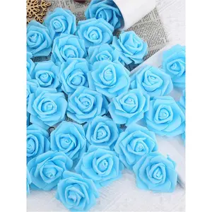 100 Pcs Artificial Rose Flower Heads Real Looking Foam Fake Roses For DIY Wedding Baby Shower Centerpieces Arrangements Party Tables Home Decorations Decorative Fruit Plants Ornaments Sky Blue