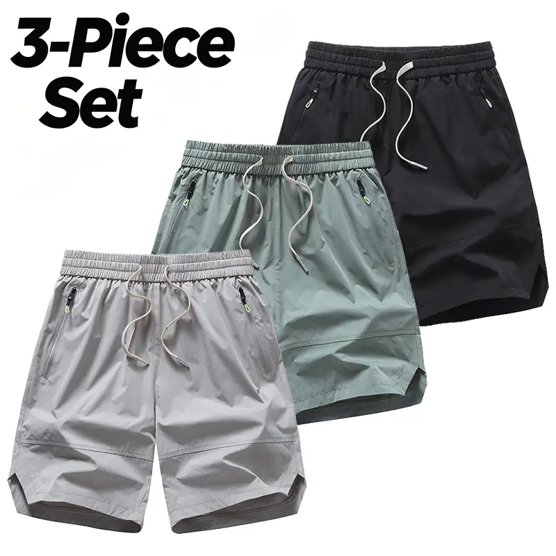 3-Pack Men’s Quick-Dry Athletic Shorts, Drawstring Elastic Waist, Zipper Pockets, Knee-Length Fitness Shorts