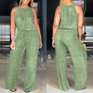 ChicMe Women's Boho Lace Patchwork Halter Jumpsuit Casual Hollow Out Sleeveless Romper High Waist Drawstring Wide Leg Overalls for Summer Vacation