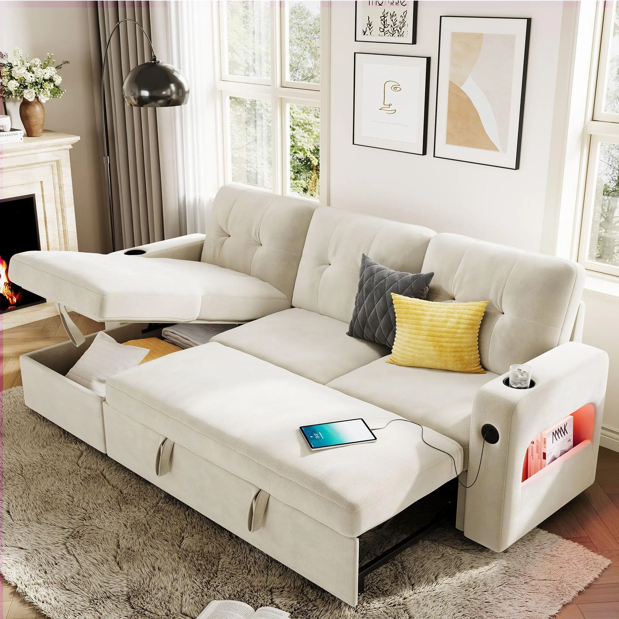 Beige 84in Velvet Upholstered Chaise Lounge Sofa Bed with Foam, Convertible Sectional, Reversible Chaise, Storage, Charging Station, LED Lights for Living Room, Indoor Furniture, Upholstered Sofas