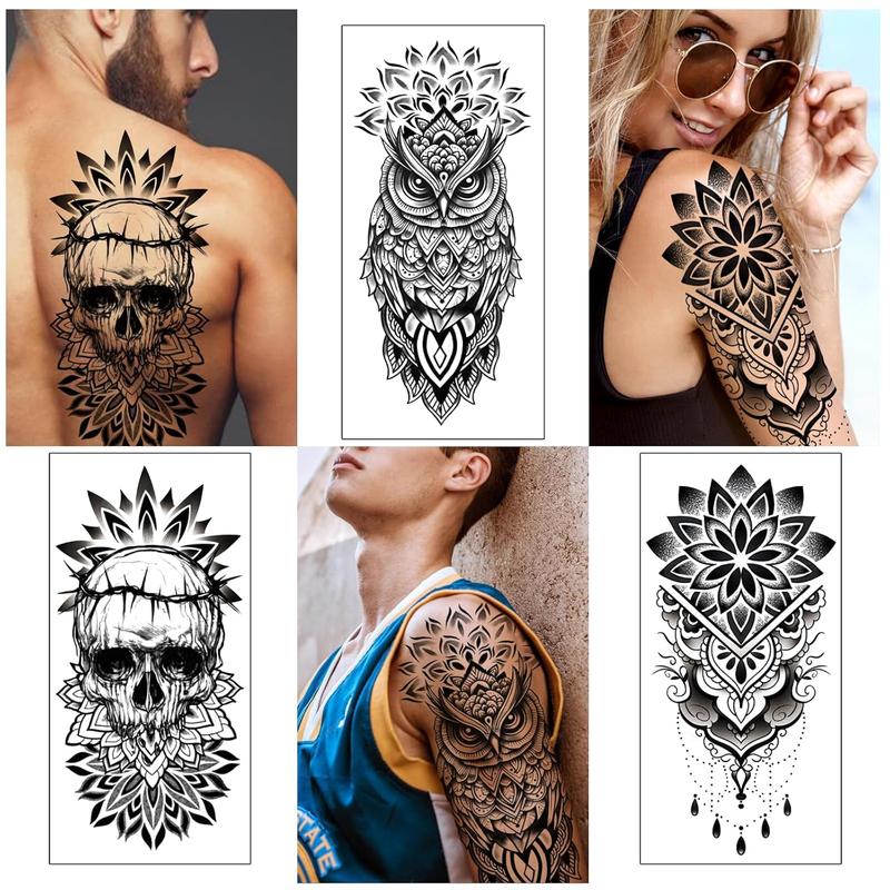48 Waterproof Temporary Tattoos For Adult, Mandala Vintage Black Lotus Temporary Tattoos for Men Women, Mandala Full Arm Fake Tattoo Bohemia Flower Fake Arm Tattoos for Boys Girls