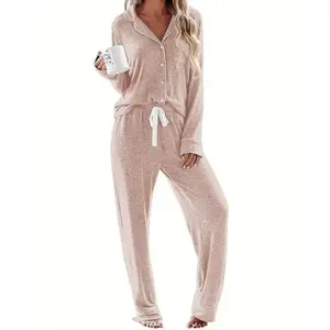 Women’s long-sleeve casual button-down soft pajama set — cozy loungewear, 2-piece vacation outfit for women, cute pajamas set, perfect gift for a wife, knit body-hugging pajama
