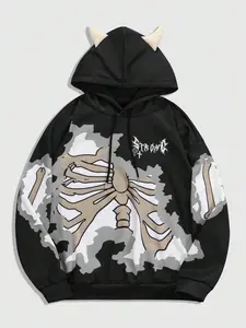 Men's Skeleton Graphic Print Hoodie, Loose Casual Comfy Long Sleeve Pullover Hooded Sweatshirt for Daily Wear, Men's Clothes for All Seasons, Tops, Halloween