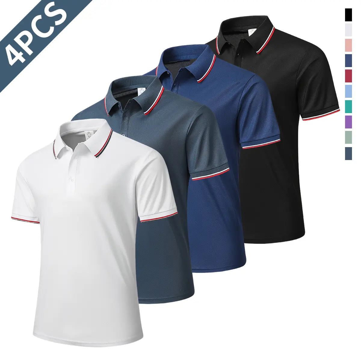 4-piece summer men’s shirt set featuring turn-down collars, solid colors, short sleeves, and multiple color options—polo shirts for casual athletic wear; suitable for business casual wear, comfortable tennis training, and as a high-end gift.,summervibes s