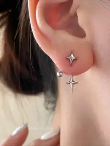 2pcs Korean Cool Wind Silvery Star Water Drop Small Ear Buckle Earrings, Stud Earrings Jewelry, Alloy Material with Ear Needles, Fade-Resistant, Hypoallergenic, Stacked Earrings for Women, Ins Earrings for Christmas, Valentine's