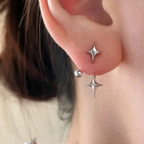 2pcs Korean Silvery Star Water Drop Ear Buckle Earrings, Stud Earrings, Earring Pack, Alloy Material with Ear Needles, Fade-Resistant, Hypoallergenic, Earring Stacking Set, Ins Earrings for Christmas, Valentine's