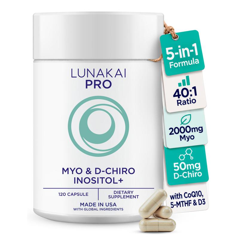 Lunakai PRO - Clinically Studied USA Made Myo-Inositol & D-Chiro Inositol Supplement for Women - 40:1 Ratio 4000mg with CoQ10 Folate & Vitamin D3 - Daily Hormone Balance & Ovarian Support - 120ct
