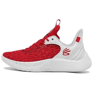Men's Under Armour Curry 9 Flow Team Low-Top Basketball Trainer Shoes, White and Red Sports Shoes
