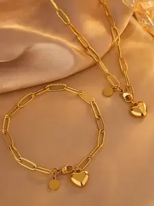 2 Pieces Sweet & Fashionable Women's Necklace & Bracelet Set, 18K Gold Plated Stainless Steel Jewelry with Heart & Round Tag Charms, 1 Necklace + 1 Bracelet Set, Chain Jewelry Set