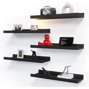 5 Set Floating Wall Mounted Shelves, Black Shelves for Wall Decor, Modern Picture Ledge Shelf with Lip for Storage, Nursery, Bedroom, Living Room, Bathroom - Black