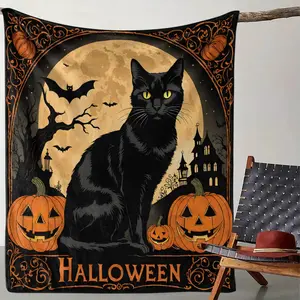 Vintage Halloween Cat Pumpkin Flannel Blanket, Soft Skin-Friendly Warm Throw, Digital Print, Perfect Gift for Friends