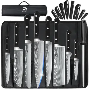 Dfito Chef Knife Sets with Roll Bag, 9 Pieces Professional Knife Set, High Carbon Stainless Steel Kitchen Chef Knife Set, Red Pakkawood Handle, Dishwasher Safe, Best Gift for mom