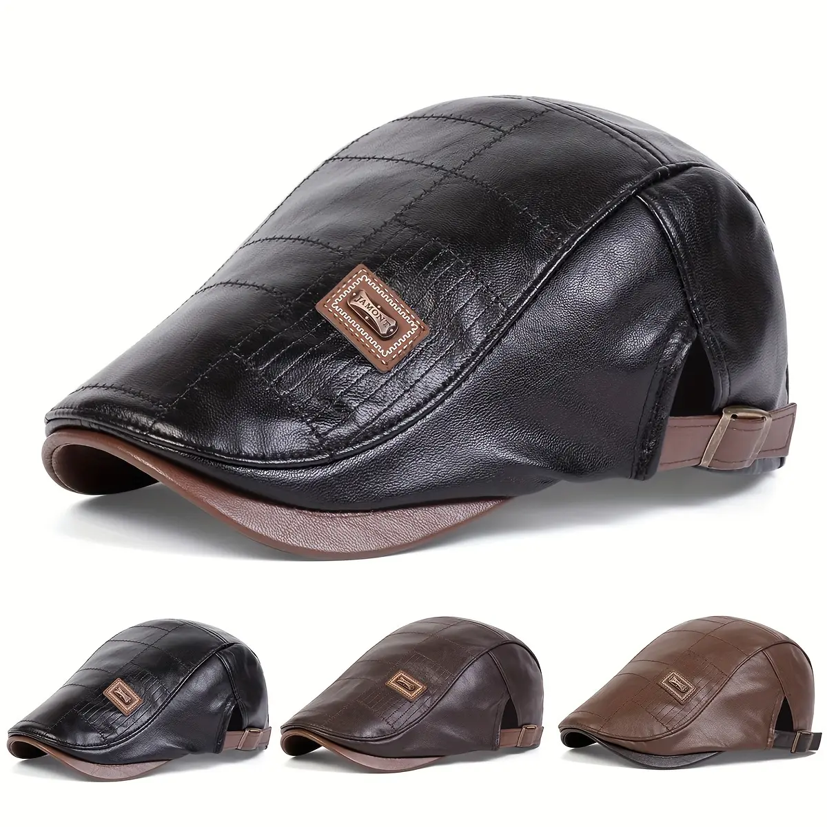 1 Men's PU Leather Front Cap, Fashionable Beret Hat, Outdoor Adjustable Casual Hat, Suitable for Autumn/Winter Outings, Travel, Seaside Parties