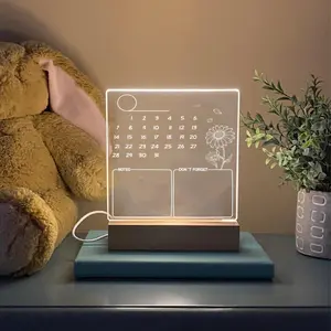 Acrylic Calendar LED Night Light, 1 Count Monthly Dry Erase Acrylic Wall Calendar, Personalized Memo Calendar with 5 Highlighters & Wiping Cloth