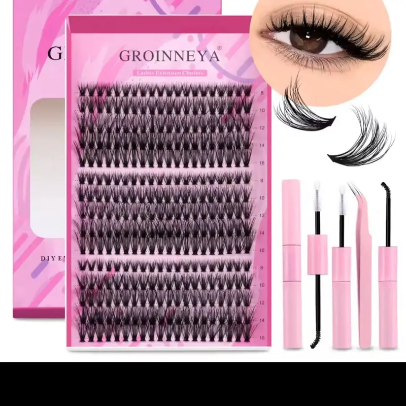 168Pcs Eyelash Extension Cluster Kit with Waterproof Glue & bond - Starter Set w/ Applicator (D-8-16mm) Makeup Cosmetic