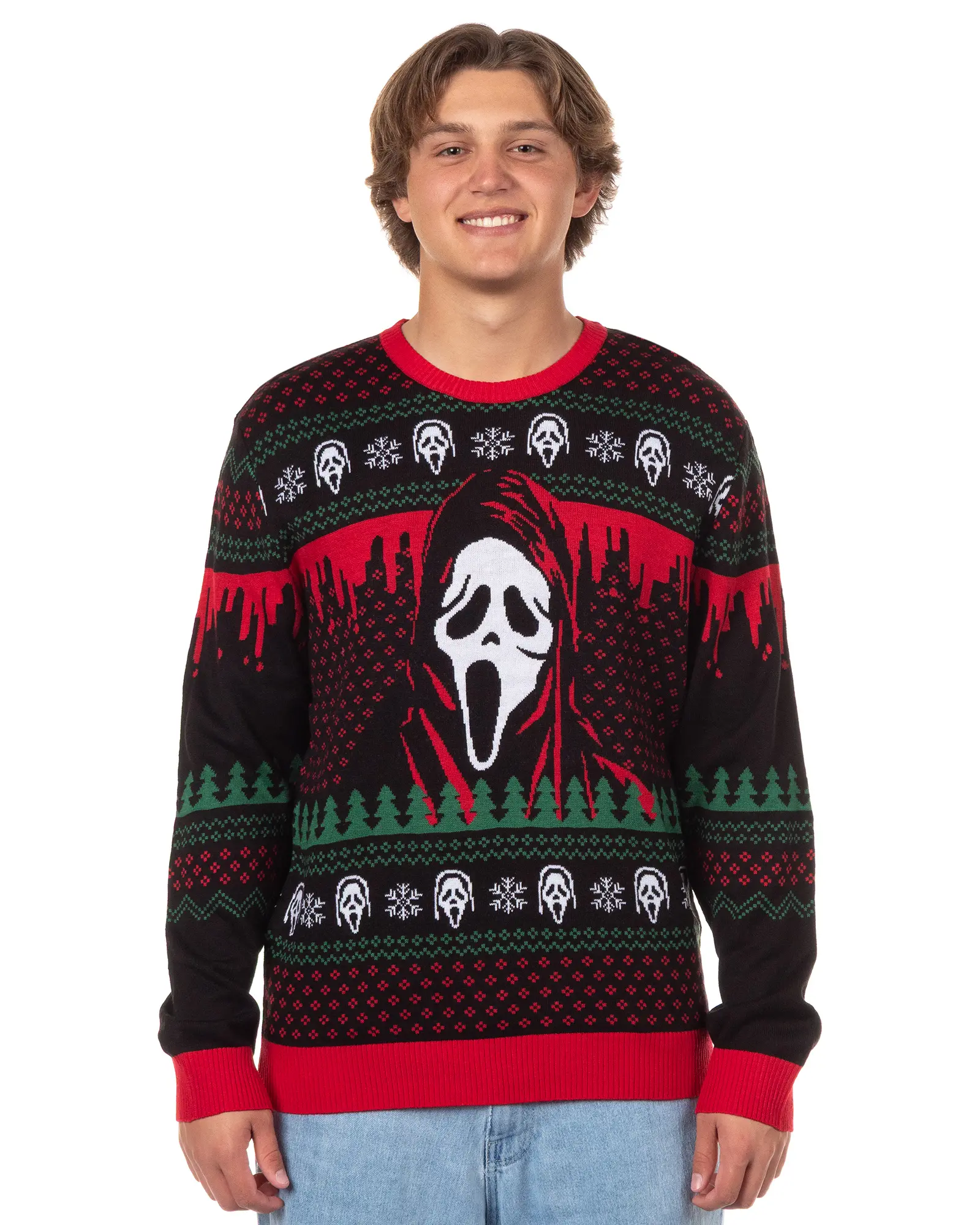 Menswear Ghostface Adult Ugly Christmas Pullover, Acrylic Fabric Ribbed Knit Holiday Sweatshirt