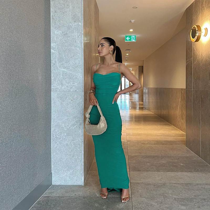 Backless Pleated Sheath Women's Leisure Vacation Long Dress