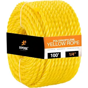 Yellow Twisted Polypropylene Rope - Floating Poly Cord - Oil Resistant, Moisture, Marine Growth & Chemicals - Reduced, Easy Knot, Flexible (Yellow - Pack of 1, 1/4" x')