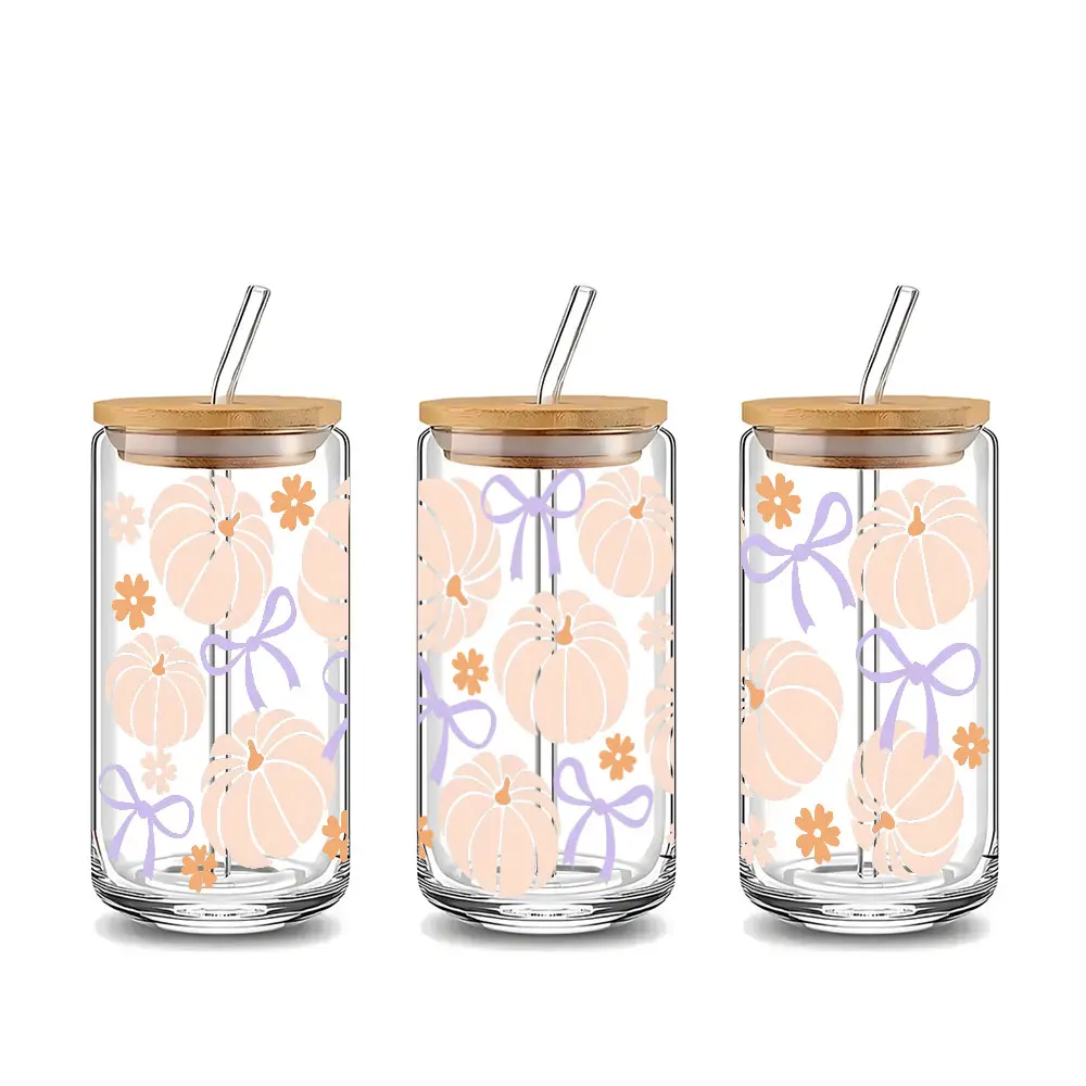 Cute Pastel Pumpkin & Purple Bow Design 16oz Glass Can Cup with Lid and Straw, Reusable Glass Drinking Cup, High-Quality Glass Jar for Iced Coffee, Hot Chocolate, Juice, Cold Drinks, Cozy Autumn Sweet Style Glassware, Perfect Gift for Autumn Style Lovers