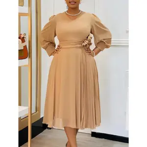 2025 New D3326 Spring Fashionable Elegant Solid Color A-Line Dress Plus Size Formal Chic Modest Long Sleeve Classy Beige Women’s Workwear