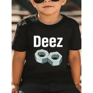 Cool Kids Graphic T-Shirt |   Deez Black Tee with White Text and Cartoon Style Light Blue Hexagonal Nuts |   Fun Stylish Design for Young Children, Crew Neck, Short Sleeve, All-season Wear