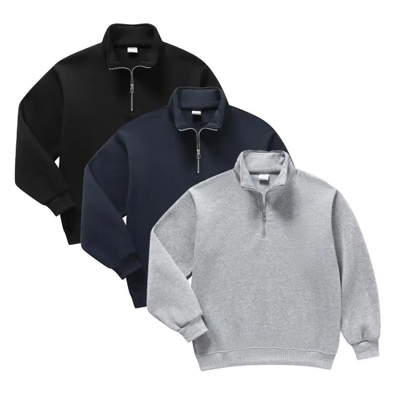Men's Plain Long Sleeve Hooded Sweatshirt - Basic Half-Zip Drop-Shoulder, Regular Fit, Casual Comfortable Menswear Tops for Autumn Winter Everyday Wear, Stylish
