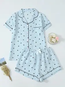 Women's Heart Print Short Sleeve Shirt & Elastic Waist Shorts Pyjama Two-piece Set, Casual Comfy Top & Shorts PJ Set, Pajama Set, Ladies Sleepwear for All Seasons, Womenswear