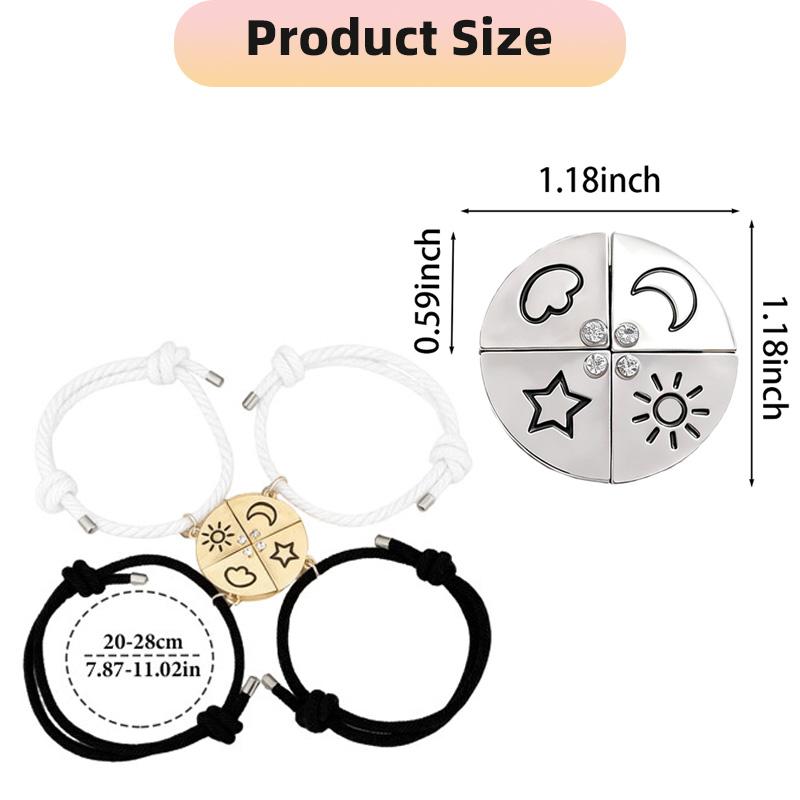 Best Friend Bracelets Set of 3/4, Sun Moon Star Puzzle BFF Split Design, Matching Friendship Magnetic Pendant  for Women & Girls, Trio Gift Idea