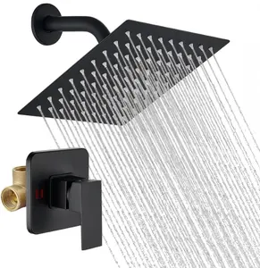 8" Matte Black Square Rainfall Shower Head Set, Wall Mounted High Pressure Shower System with Single Handle Faucet Trim Kit, Stainless Steel Bathroom Shower Fixture