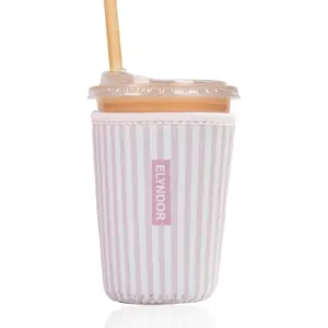 Reusable Insulated Sleeve for Iced Coffee Cup, Coffee Neoprene Sleeve for Cold & Hot Drinks, Beverage Holder for Iced Coffee (Pink Stripes, Small: 16-18oz)