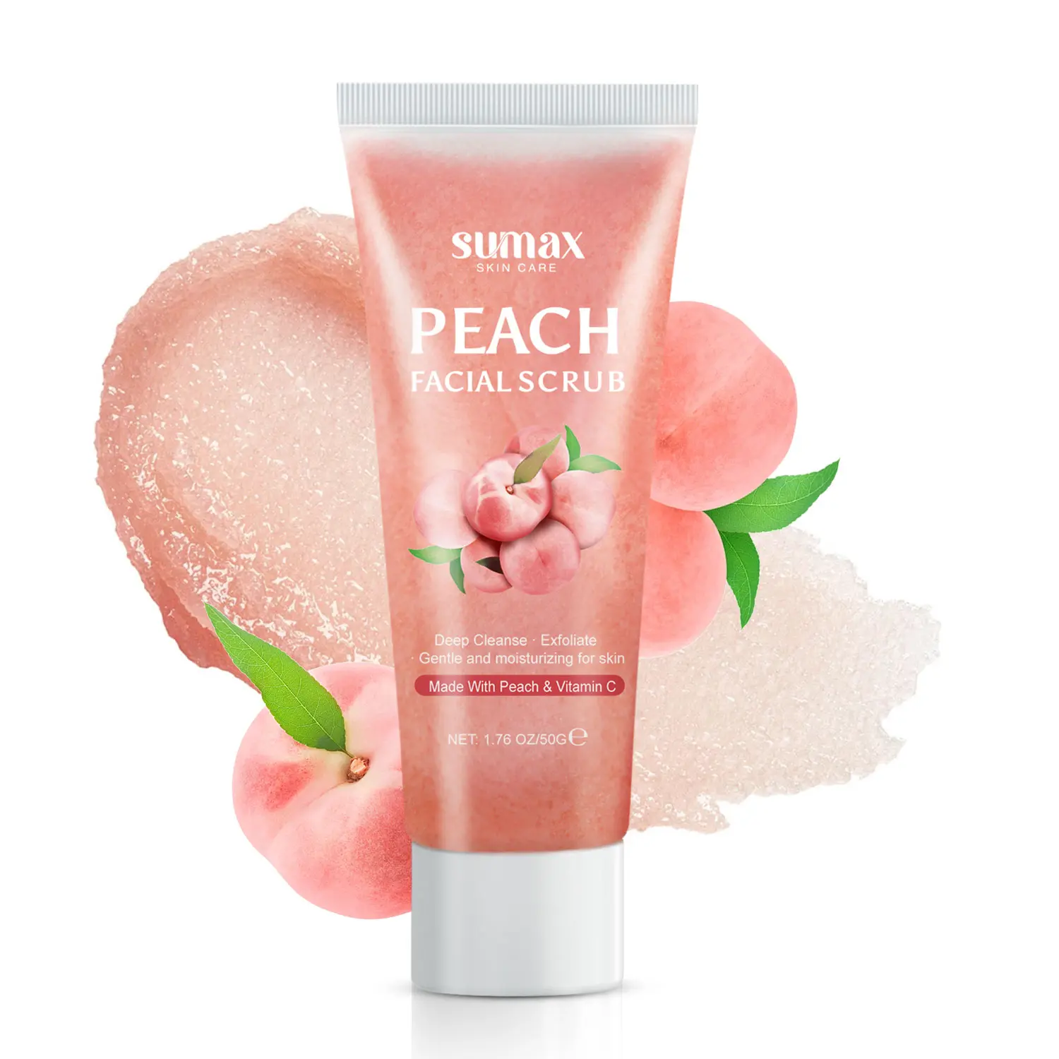 Sumax Peach Facial Scrub - Transparent Peach Scrub in Tube with Hyaluronic & Lactic Acid for Pore-Cleansing & Blackhead Removal - Alcohol-Free & Preservative-Free Formula
