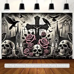 1pc Gothic Halloween Backdrop - Dark Roses, Skulls, Ravens, Crosses - Black & Pink Gothic Floral design - Durable Polyester Fabric Banner for Photo Studio, Party Decorations, Birthday, Anniversary - Indoor/Outdoor Hanging Tapestry - Easy Hang No