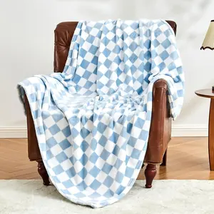 Checkered Blanket Flannel Throw Blankets Soft Cozy Checkered Grid Print Chessboard Gingham Pattern Throws for Bed Sofa Couch for All Seasons, 50x60 Inch, Blue
