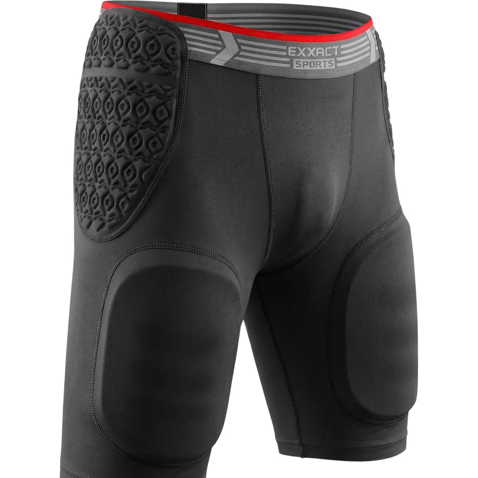 Exxact Sports Rebel 5-Pad Adult Football Girdle for Men with Integrated Hip, Thighs, Tailbone Pads, Padded Compression Shorts, Mens Girdle Football with Cup Pocket (Black)