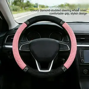 2026 New Car Steering Wheel Cover Universal Type, Women's Pink and Black Patchwork Diamond Pattern with Rhinestone Decoration, Comfortable Non-Slip Skin-Friendly, Ins-Style Car Interior Accessory, Car Accessories