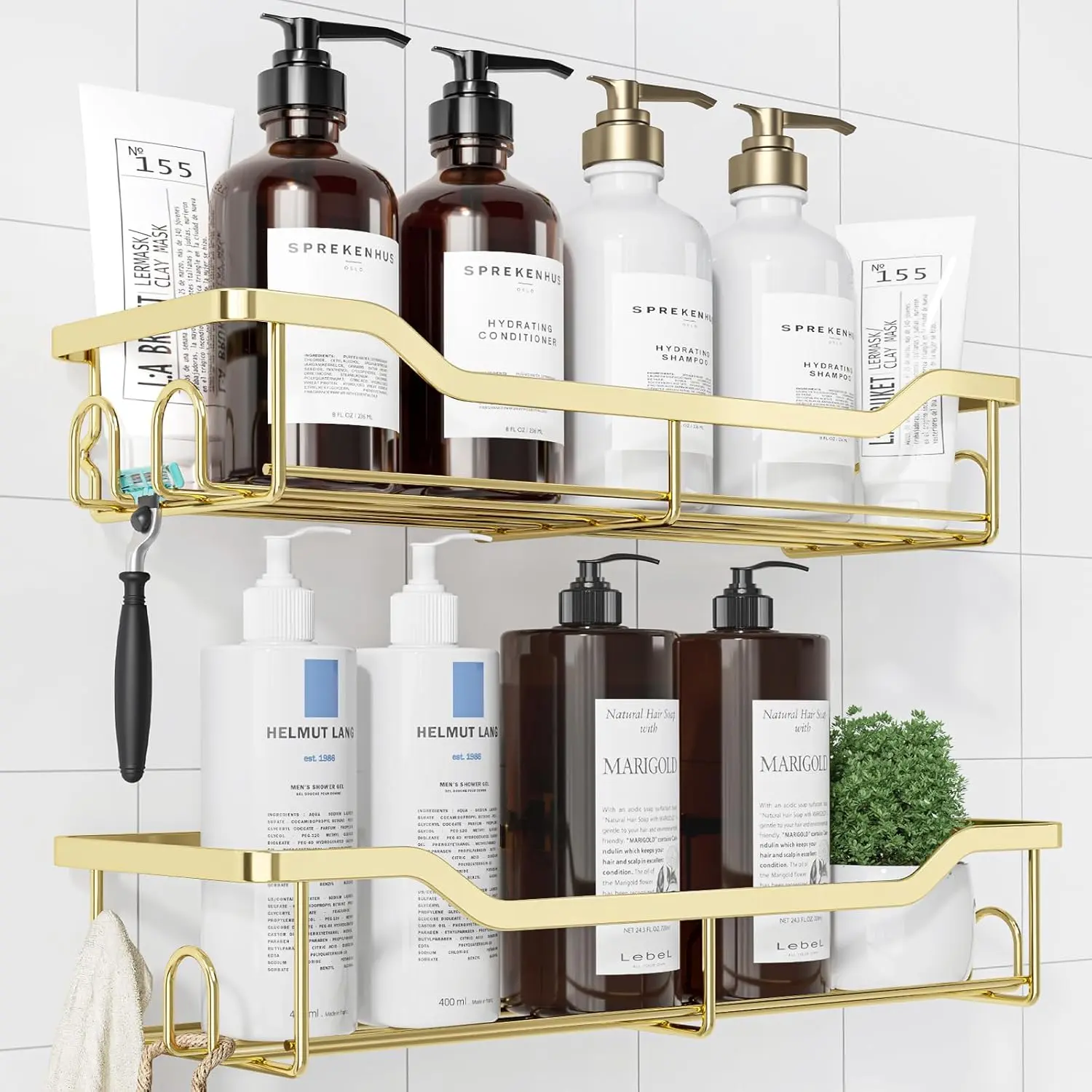 Shower Caddy Large - Adhesive Shower Organizer, Stainless Steel Shelf for Inside Shower, No Drill Bathroom Organizers and Storage, Home Decor Accessories, 2 Pack, Gold