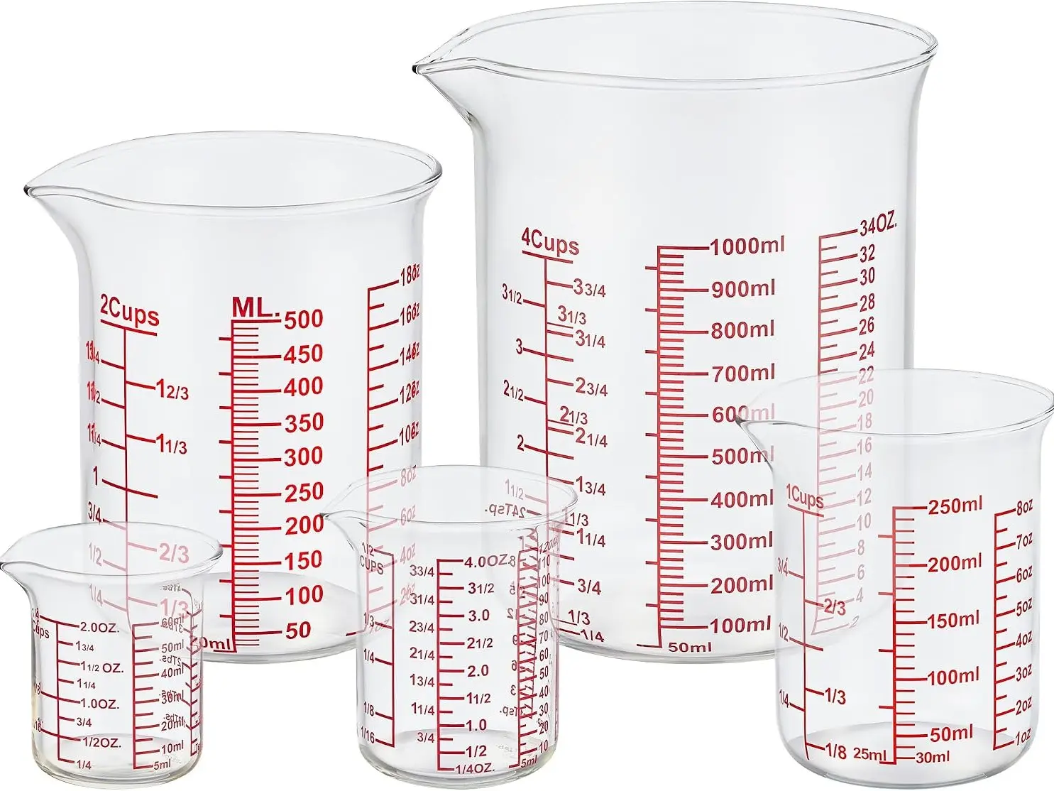 Ackers High Borosilicate Glass Measuring Cup Set with Pour Spout - 60ml to 1000ml Sizes (2-32oz Range) Easy-to-Read Beakers for Kitchen & Restaurant Use
