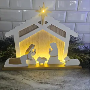 Wood Light Up Nativity Scene Tabletop Decor – LED Mantel Holy Family Christmas Display