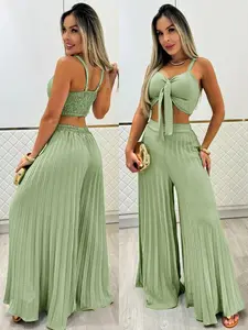 Women's Two-Piece Set, Summer Beach Vacation Casual Fitted Halter Top & Pleated Flowy Long Pants, Ladies Fashion for Relaxing Days