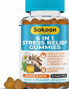 6-in-1 Stress Relief Gummies 60ct - Aids Relaxation with Ashwagandha, GABA, L-theanine, Lemon Balm, Chamomile, Black Cumin Seed Nigella Sativa. Improved Deep Sleep, Joint Support - 60 gummies