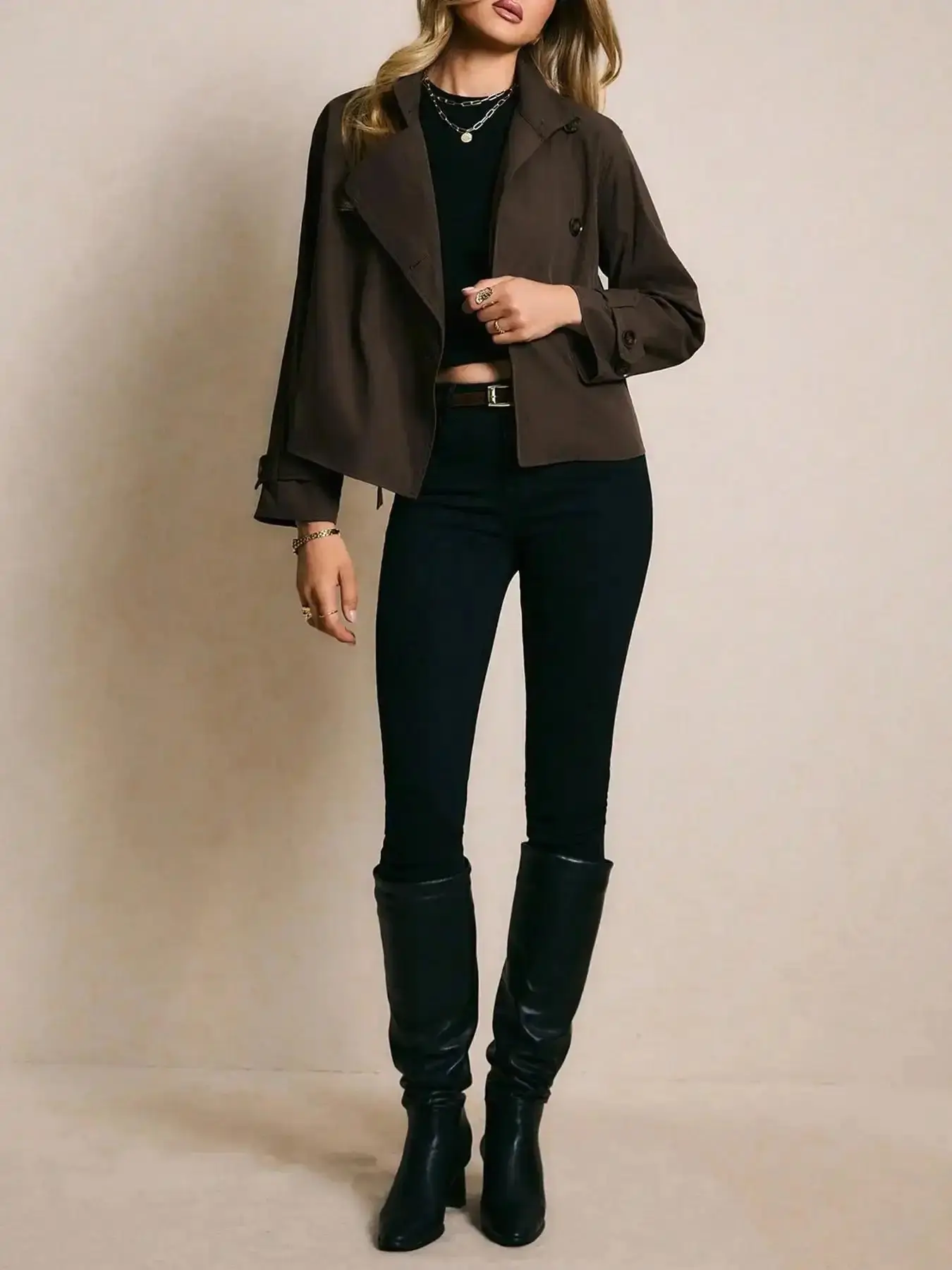 Ladies' brown trench coat with belt, casual solid-color Woven Fit Asymmetrical Everyday jacket, belted stylish top Outerwear Womenswear breezy street style sophisticated essentials