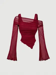 Burgundy Asymmetric Hem Flared Sleeve T-Shirt,Punk,Korean Style,Back To School,Teacher Outfits For Women,Office Outfits For Women,School Clothes,Western Wear Women,Vintage,Brunch Outfits For Women,Basic Tops,Old Money,Streetwear Women