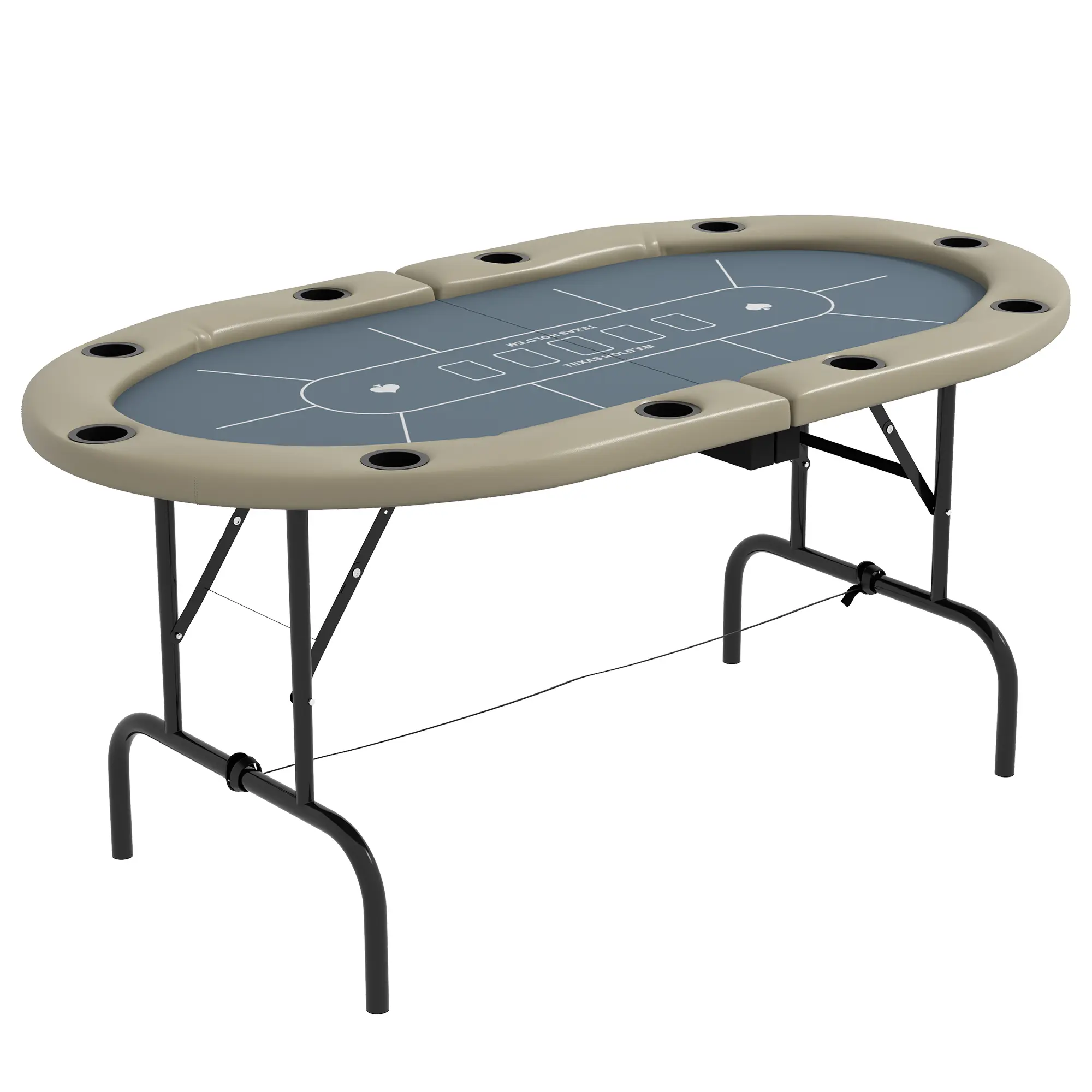 70" Foldable Poker Table – Seats 8, Professional Blue Felt, 10 Cup Holders & Padded Armrests. Oval Design, Portable Half-Fold, 110 lbs Capacity