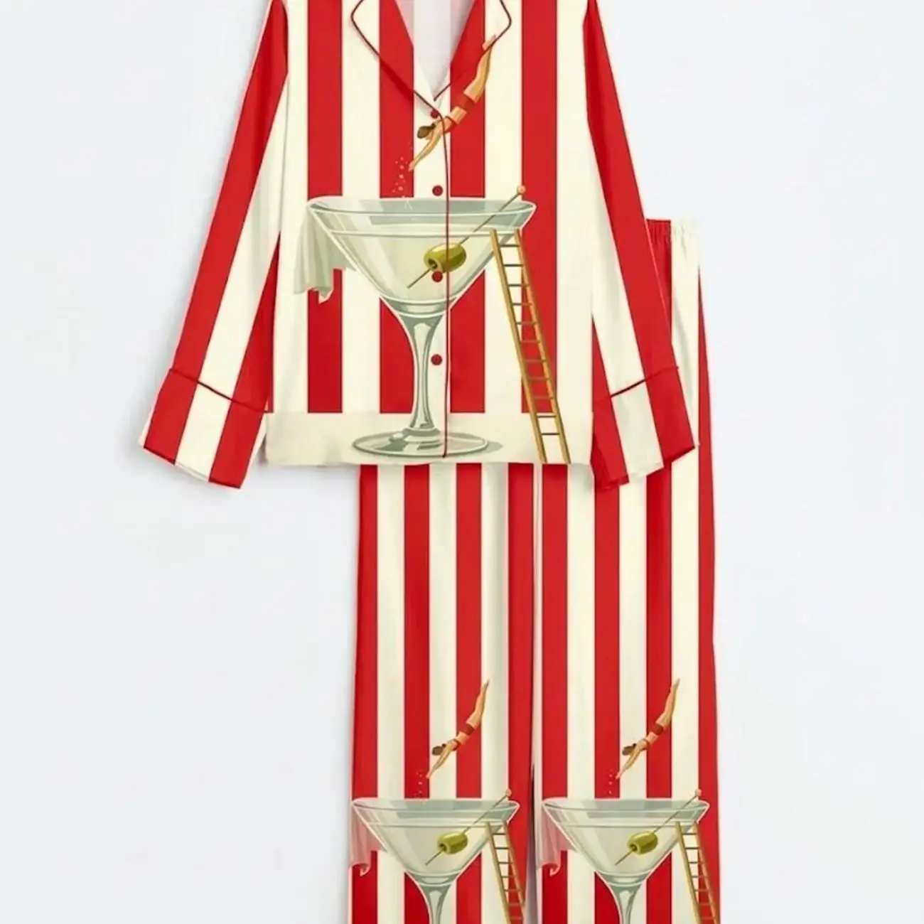 Martini Cocktail Pajama Set, Retro Mid Century Drink Print Silky Sleepwear
