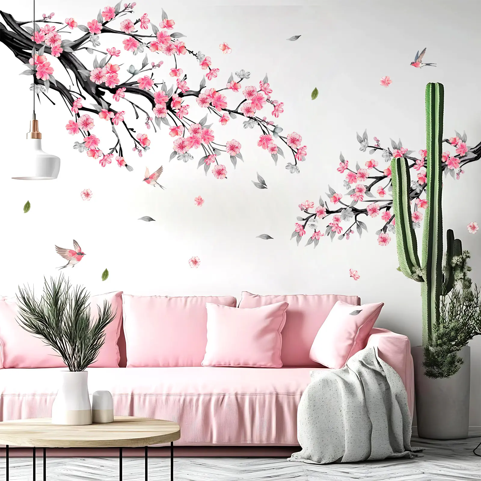 A set (30*90cm*3 pieces) of ink-pink tree branch 2D flat wall stickers, home decoration self-adhesive Decorative wall stickers, Wall Art Stickers, M15107-YC
