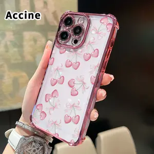 Four Corner Anti-Fall Cherry Bow Delight  Pattern Phone Case for iPhone 17 16 E Pro Max 15 Plus 14 13 12 11 Air Shockproof Transparent Electroplated Protective Cover