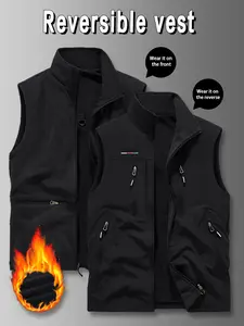 Men's two-sided fleece vest with eight pockets, warm sleeveless jacket, double-sided, available in multiple colors, suitable for outdoor use during cold autumn and winter weather Black Casual