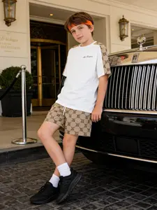 Boys' Los Angeles Floral Patchwork Short Sleeve Set, Luxury Fashion Casual Two-Piece, Trendy Kids Clothing